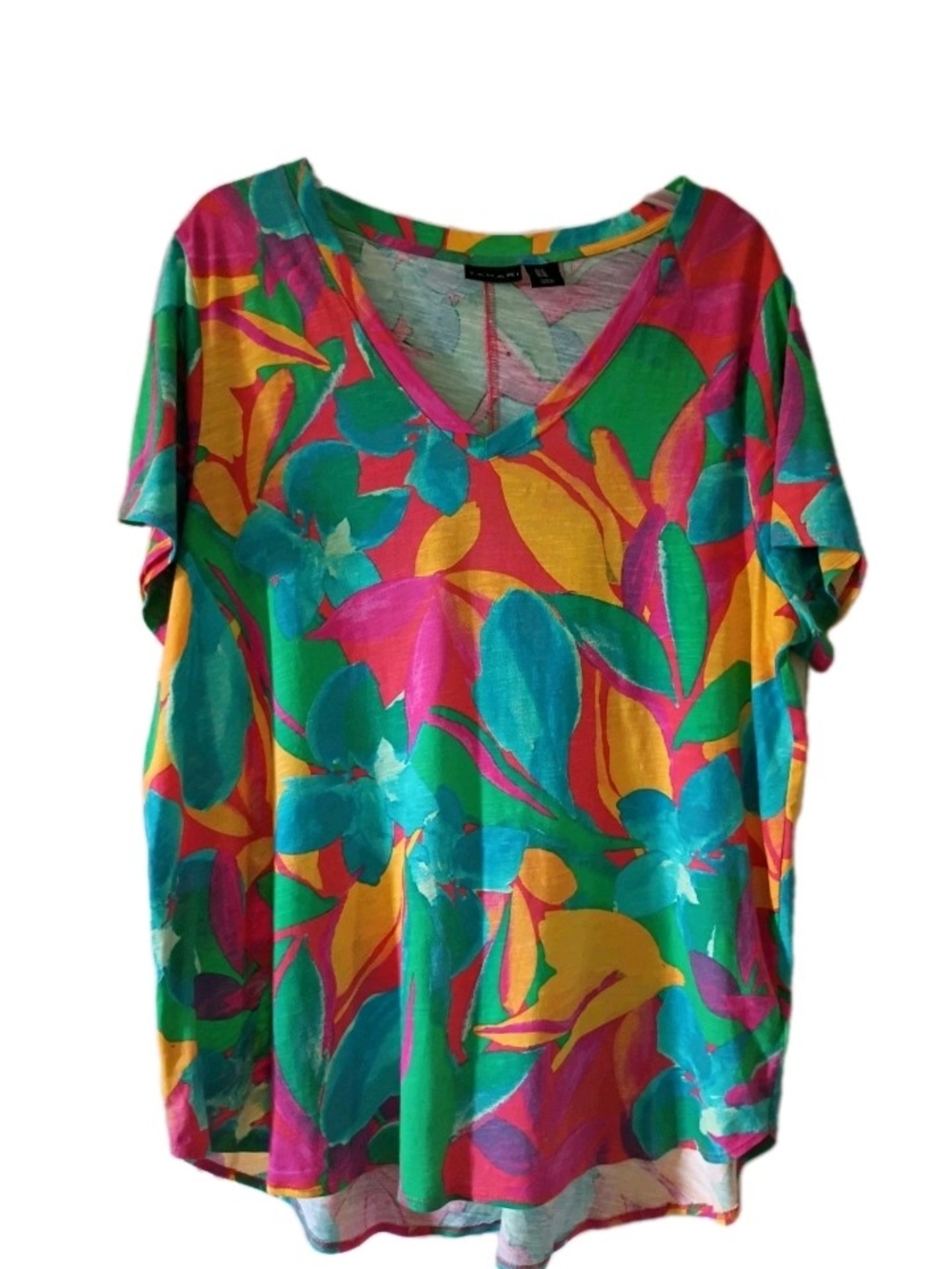 Tahari Bright Floral V-Neck Top - Green, Teal, Pink, Yellow 100 % Cotton